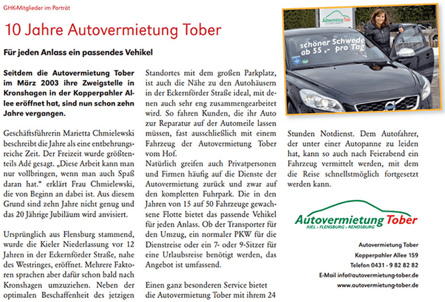 Zeitungsartikel: 10 Jahre Autovermietung Tober aus Kronshagener Magazin - Februar 2013