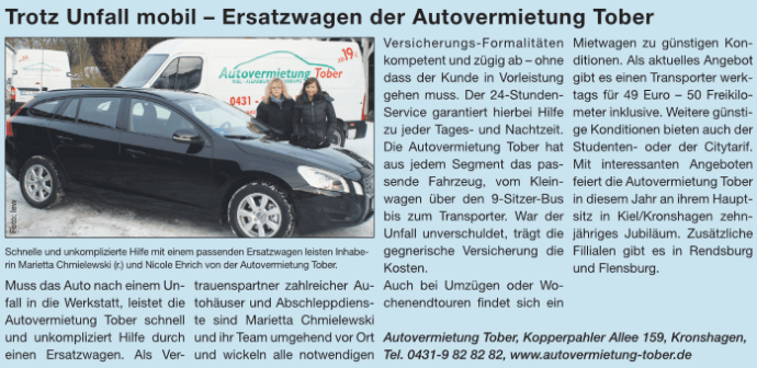 Zeitungsartikel: Trotz Unfall mobil aus Kieler Nachrichten - 02.02.2013